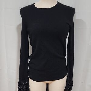 Bloomingdale's Elegant Black Long Sleeve Top with Lace Detail